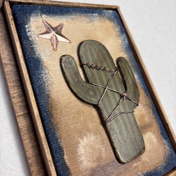 Mixed Media Wall Art Saguaro Cactus Tan Sunset Star Desert Wood Southwest 6 x 8 - Picture 2 of 5